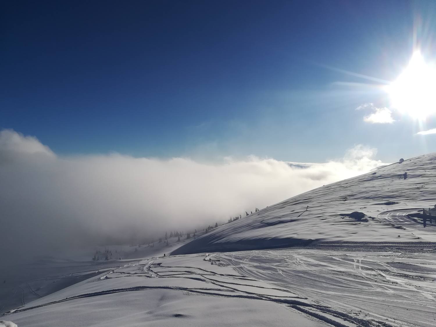 Snow-covered Carpathian slopes with rolling mist and bright winter sun